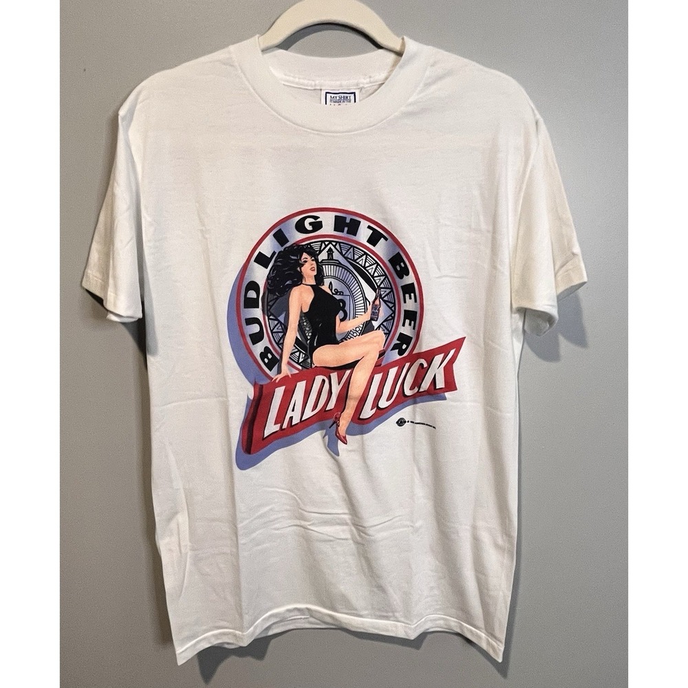Vintage 90s Bud Light Lady Luck White T Shirt Sz L Single Stitch Beer Promo